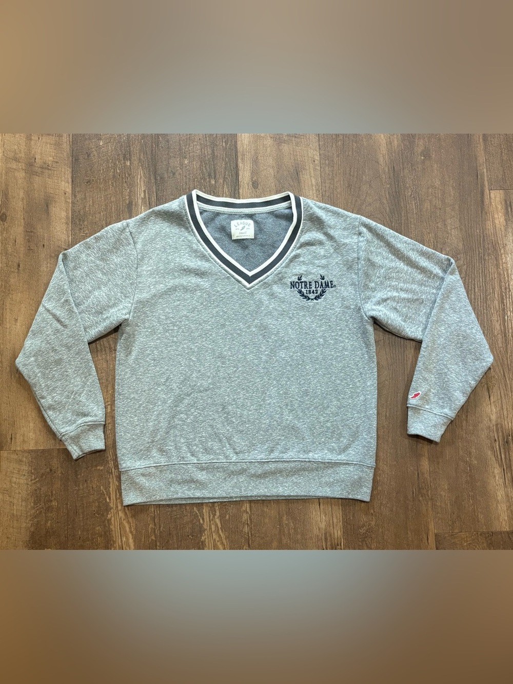 League Women's Heather Gray V-Neck Sweatshirt with Navy Trim
